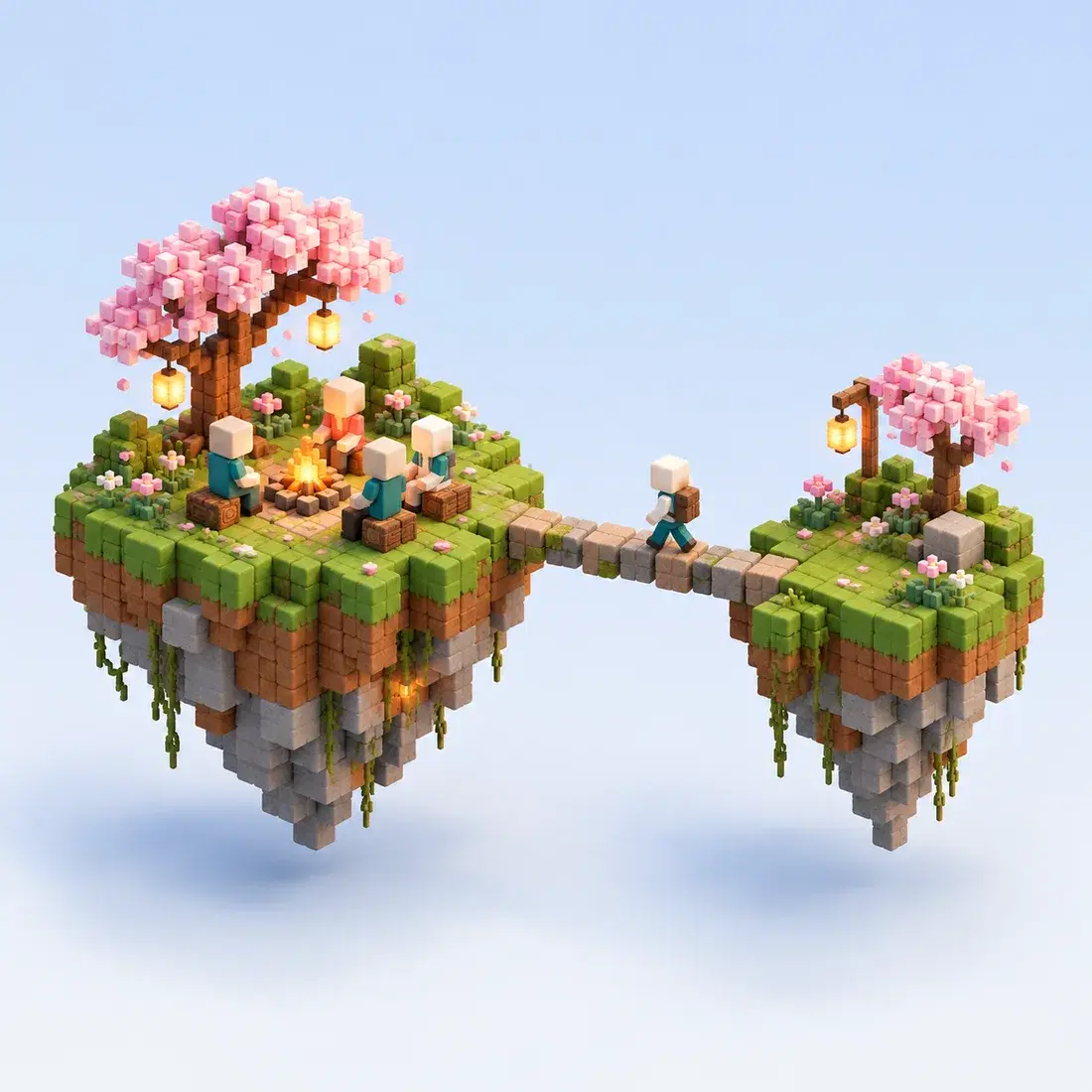 Two floating islands joined by a block bridge, with players around a campfire
