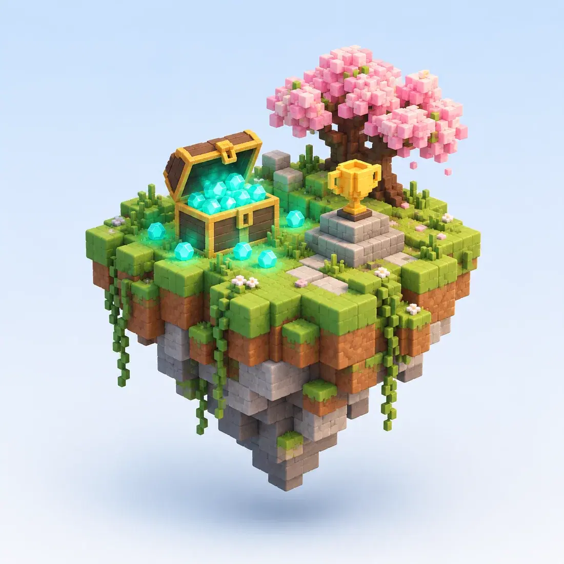 A floating island with an open chest of glowing gem tokens and a trophy