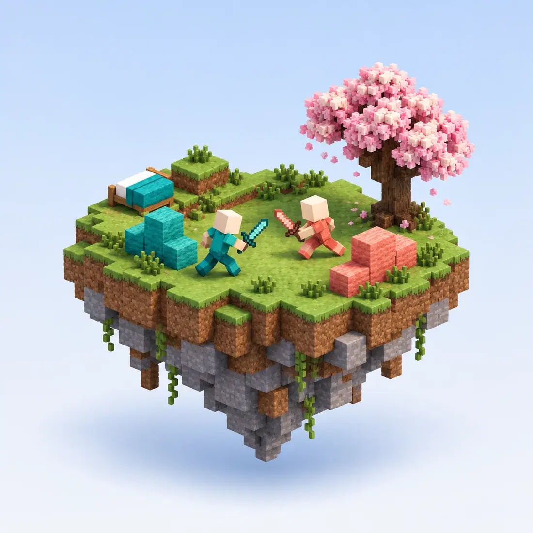 A floating island arena where two blocky players duel beside a bed