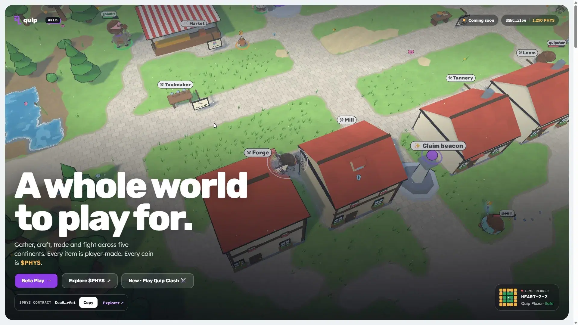 quip.gg: an isometric village with a market, forge, mill and claim beacon